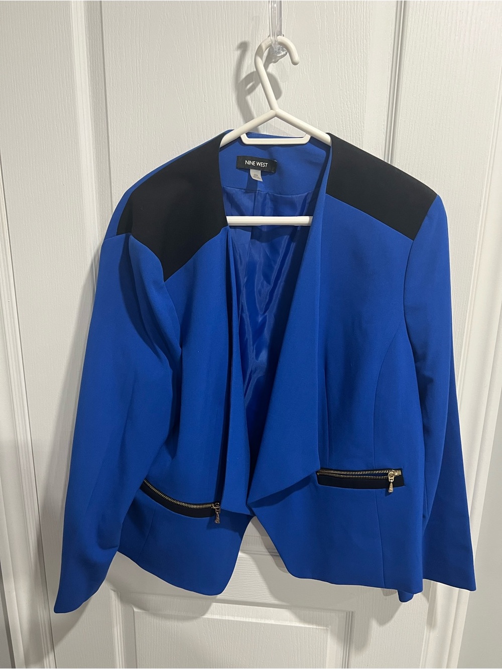 Nine West Cobalt Blue Open-Front Blazer with Black Shoulder Panels